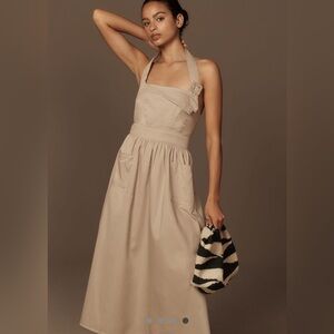 NWT Anthropologie Porridge Halter Utility Midi Dress $168 LARGE Taupe
